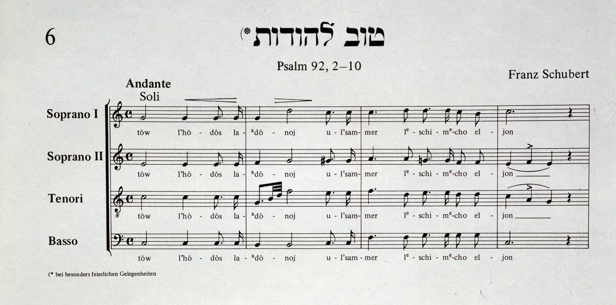 Strana hudební partitury Žalmu 92 od Franze Schuberta ze Schir zion od Salomona Sulzera od Unknown artist