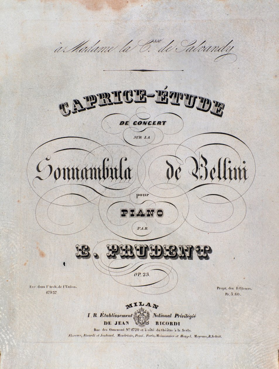 Strana notového záznamu pro studii Caprice pro klavír od Emila Prudenta na základě La sonnambula od Vincenza Belliniho od Unknown artist