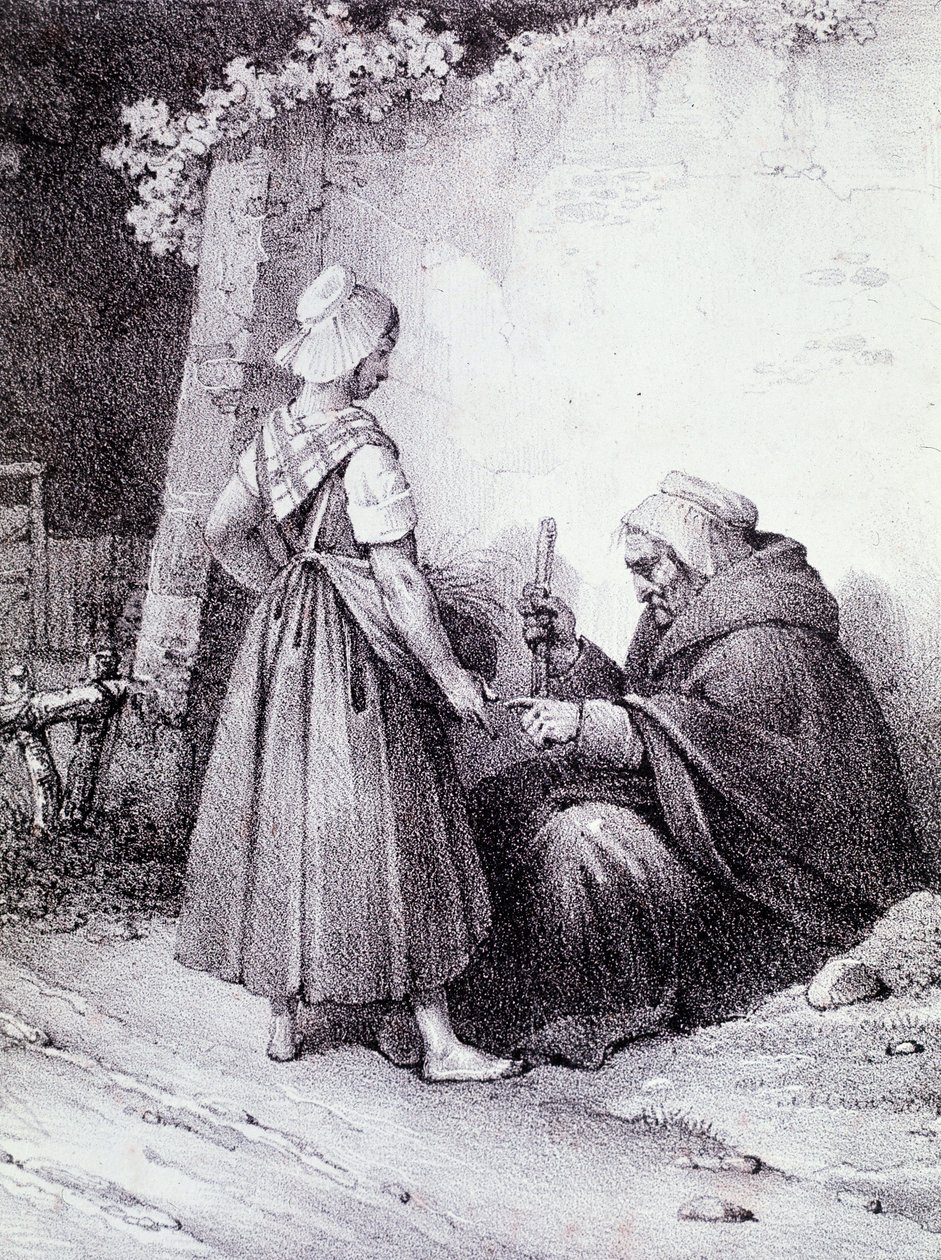 Věštění z ruky: stará věštkyně čte z ruky mladé dívky (rytina) od Unknown artist