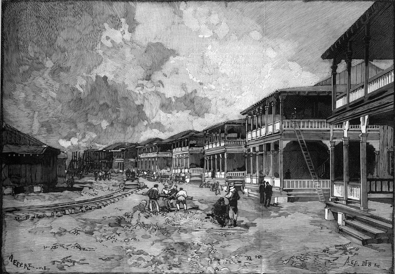 Panamský průplav. Ulice nového města Kryštofa Kolumba a Colon: dělnické bydlení. Gravírování v „“Le Monde Illustré““ od Unknown artist