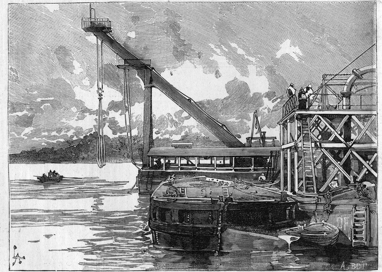 Panamský průplav funguje. Hlavní stroje: Velký ponton. Gravírování v „“Le Monde Illustré““ od Unknown artist