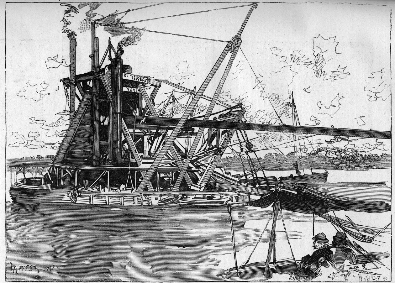 Panamský průplav funguje. Hlavní stroje: velký americký bagr. Gravírování v „“Le Monde Illustré““ od Unknown artist