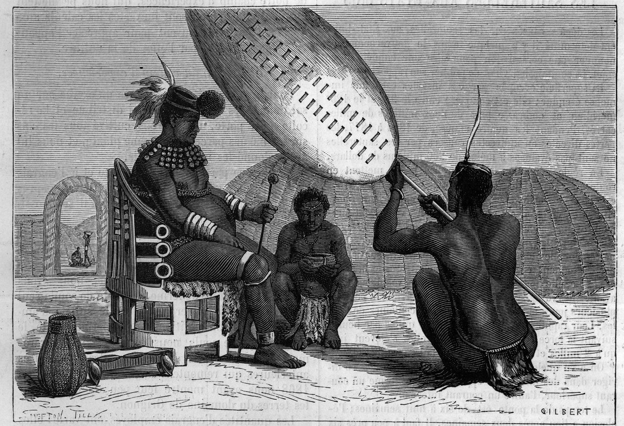 Panda, zesnulý král Zuluů. Rytina v "" Příroda: přehled věd a jejich aplikací v umění a průmyslu "" z 5. dubna 1879. od Unknown artist