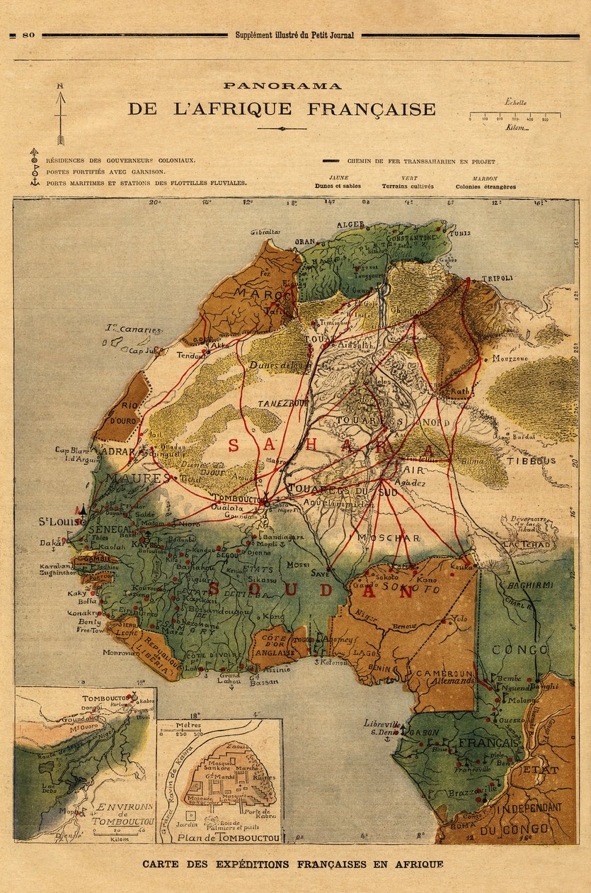 Panorama francouzské Afriky, mapa francouzských expedic v Africe. Rytina v „“ Le petit journal“ 5/03/1894. Selva sbírka. od Unknown artist