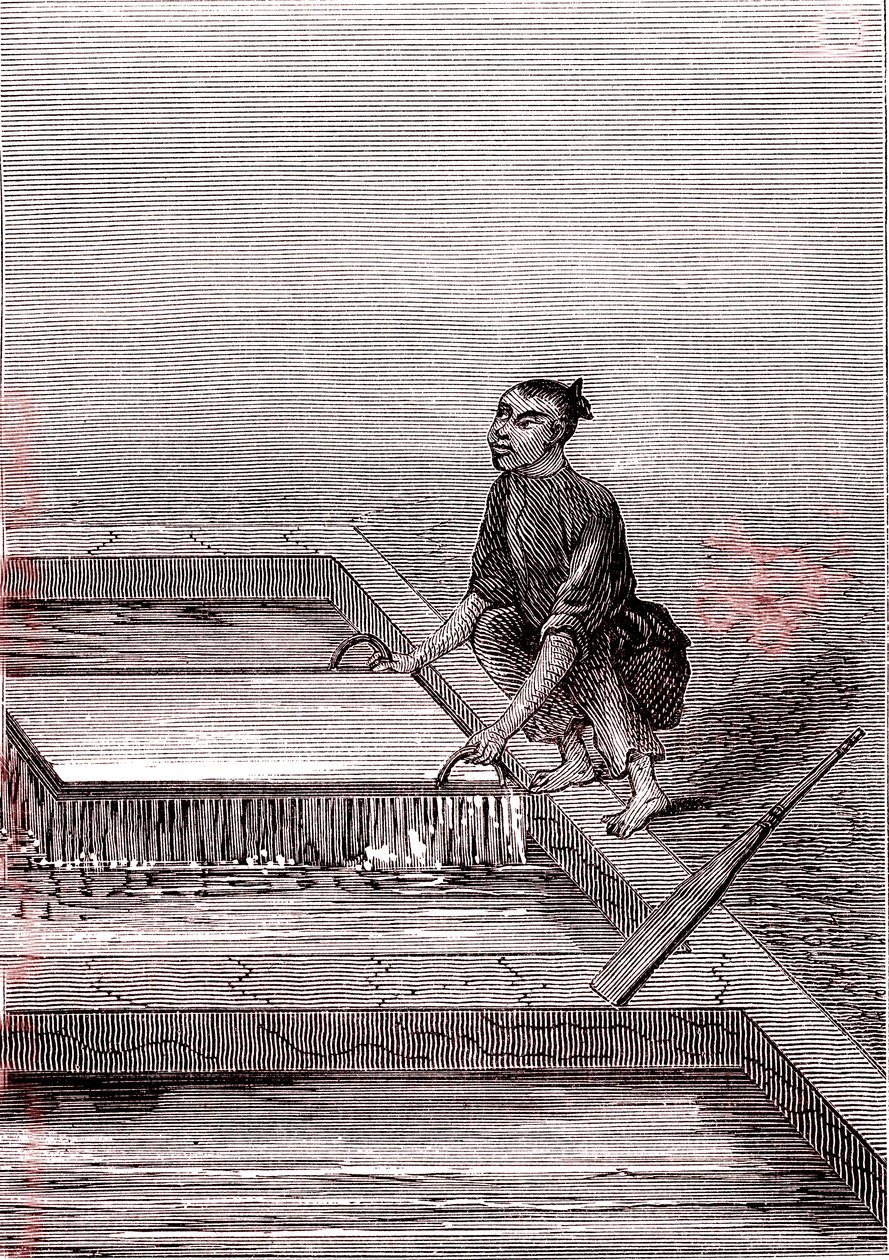 Papírová hmota se stává tekutou, výroba papíru v Číně (3. století př. n. l.) (rytina) od Unknown Artist