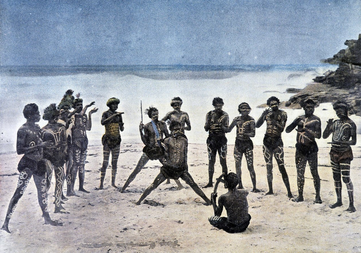 Papua tanec na pláži vedle vesnice Takapuna (Nová Guinea). od Unknown artist