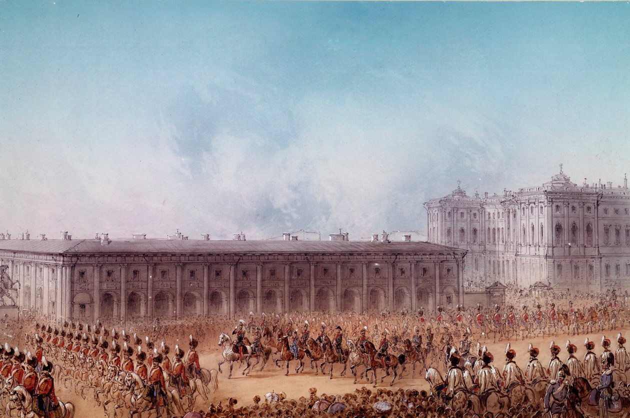 Průvod s Alexandrem II. před palácem Anetchkoff v Petrohradě v roce 1856. Ilustrace Karla Velikého (19. století) Petrohrad. Chateau De Peterhof od Unknown artist