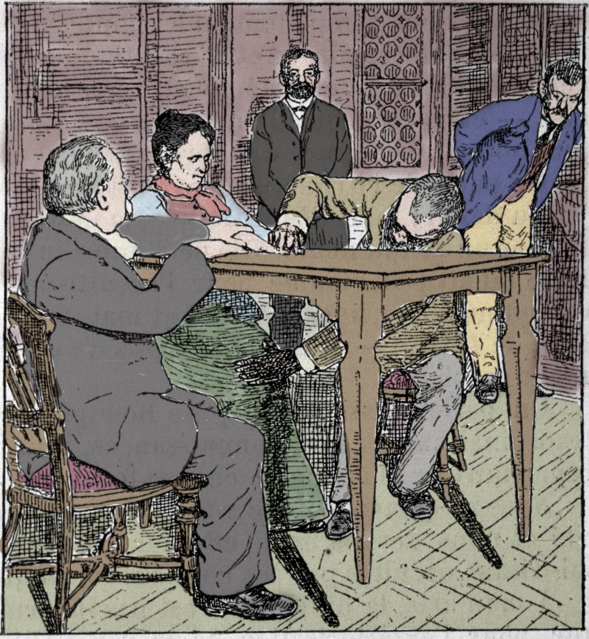 Paranormální jevy: zkušenost s zvedáním stolu v Miláně v roce 1892 za přítomnosti média Eusapia Paladino a Cesare Lombroso (1835-1909) a Charlese Richeta (1835-1909). od Unknown artist