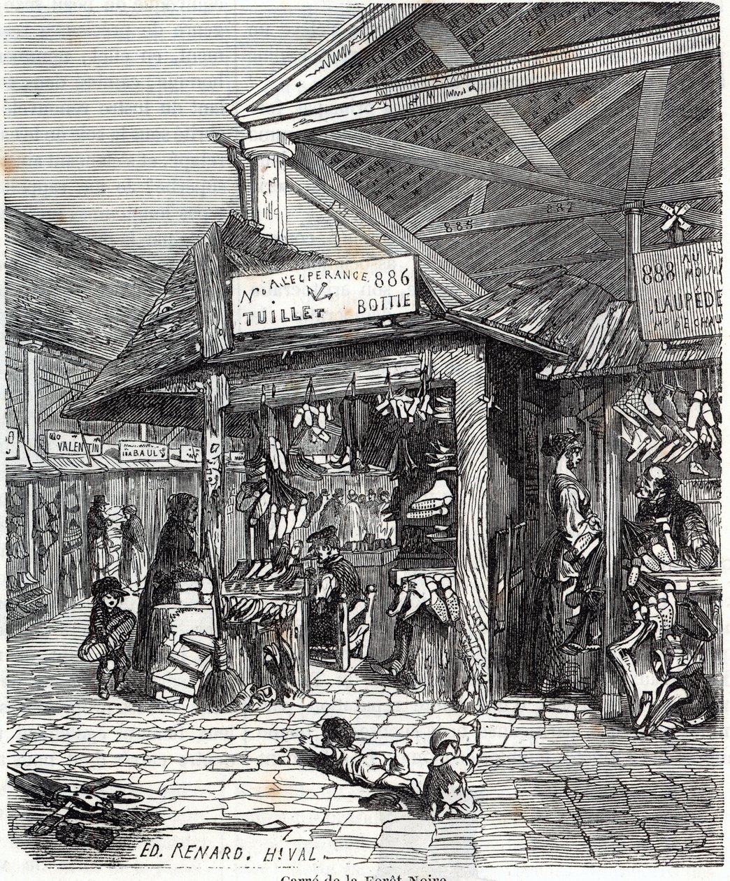 Paříž 3. obvod - Carre de la Foret-Noire: prodej kůže a bot v Le Carreau du Temple v 19. století - rytina v "" Tableau-de-Paris"" od Edmonda Texiera od Unknown artist