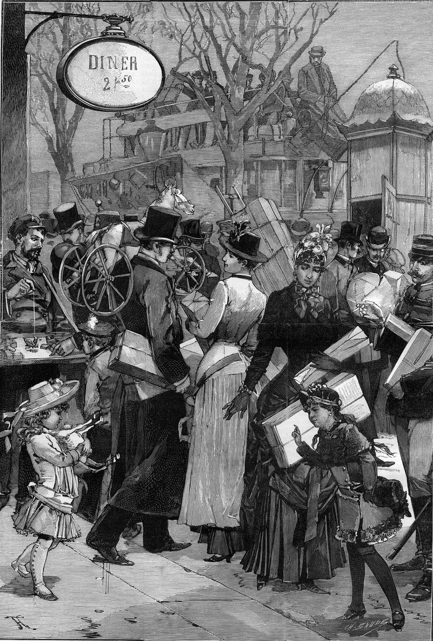 Paříž: Packet Week: Pařížané nakupují a nakupují hračky na vánoční dárky. Gravírování v „“Le Monde Illustré““ od Unknown artist