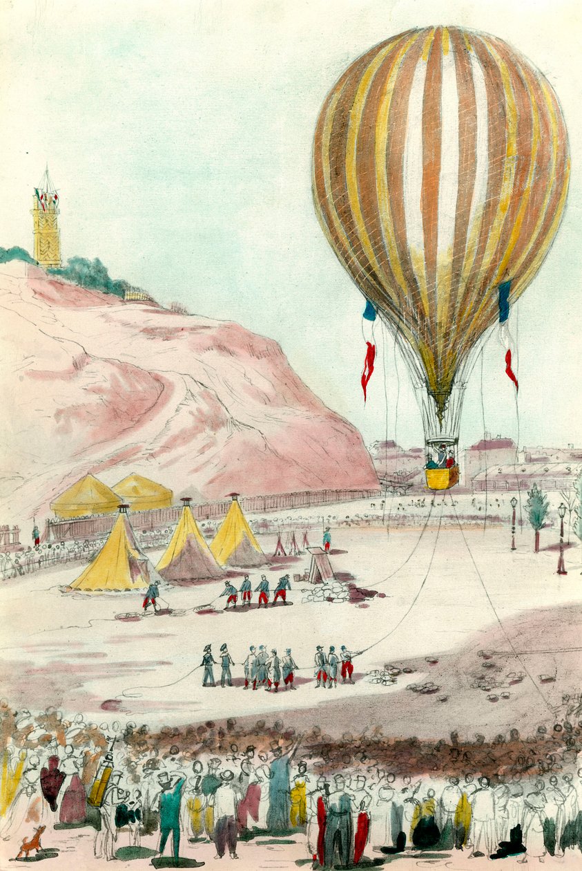 Pařížská centrála z roku 1870: pohled na jeden z balónů používaných pro komunikaci s vnějškem v Paříži. Akvarel soukromé sbírky 19. století od Unknown artist