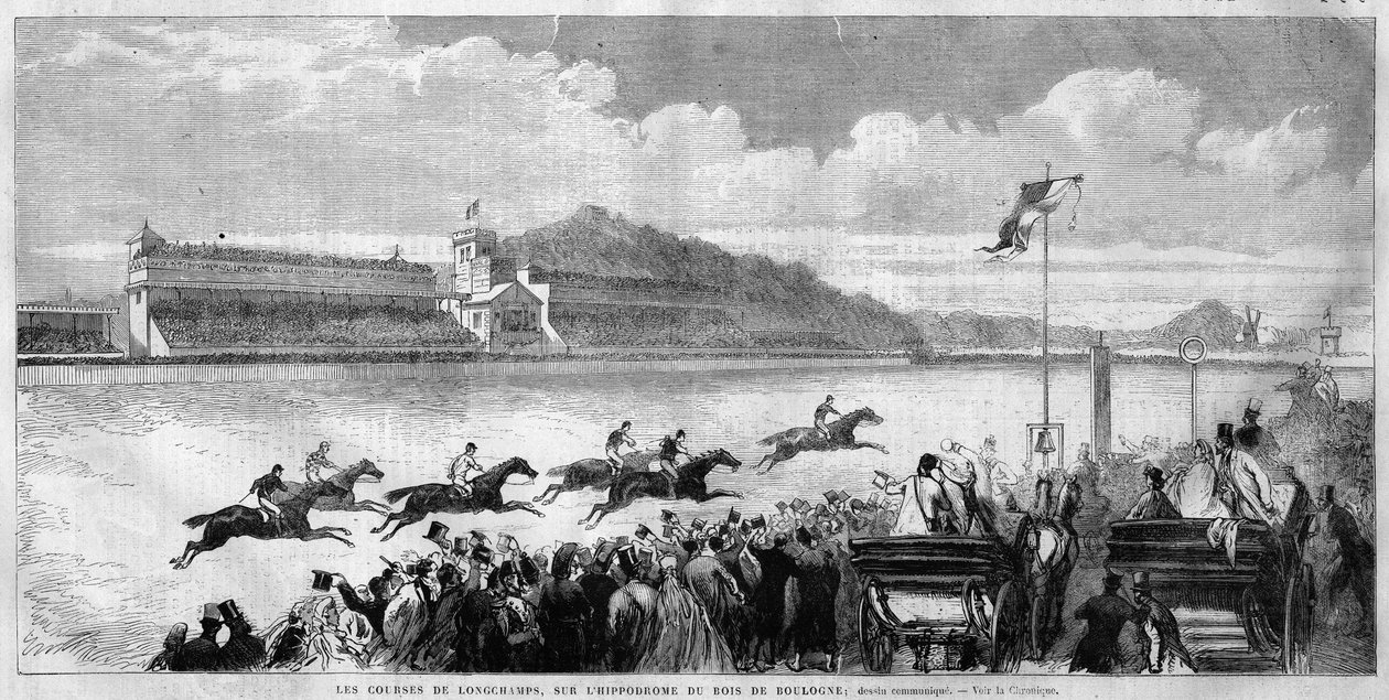 Paříž, závod na dostihovém závodišti Longchamps v Bois de Boulogne, rozšířený a navržený Haussmannem a slavnostně otevřen v roce 1857 v „L