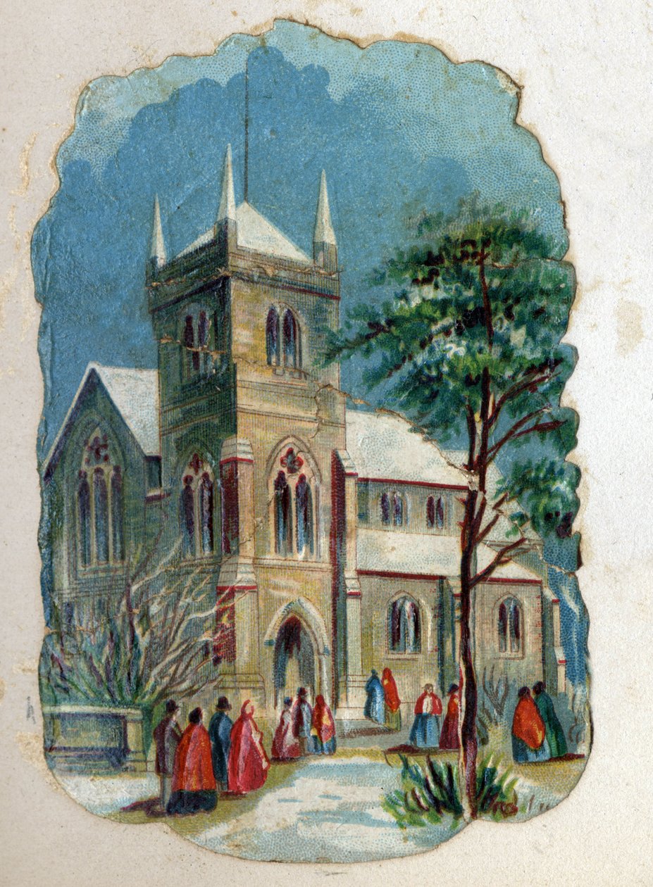 Farníci chodící do kostela na nedělní mši. Chromolitografie kolem roku 1890. od Unknown artist
