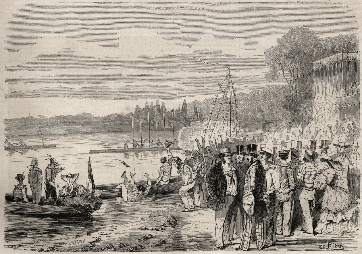 pařížští kanoisté. Regates de Saint-Cloud (Saint Cloud) v roce 1857. Rytina v „Le Monde illustrious““ z roku 1857. Soukromá sbírka. od Unknown artist