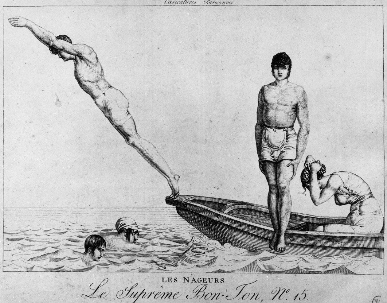 Pařížský kreslený film: plavci, muži potápějící se z lodi - nejvyšší Bon-Ton, n°15, Musee Carnavalet od Unknown artist