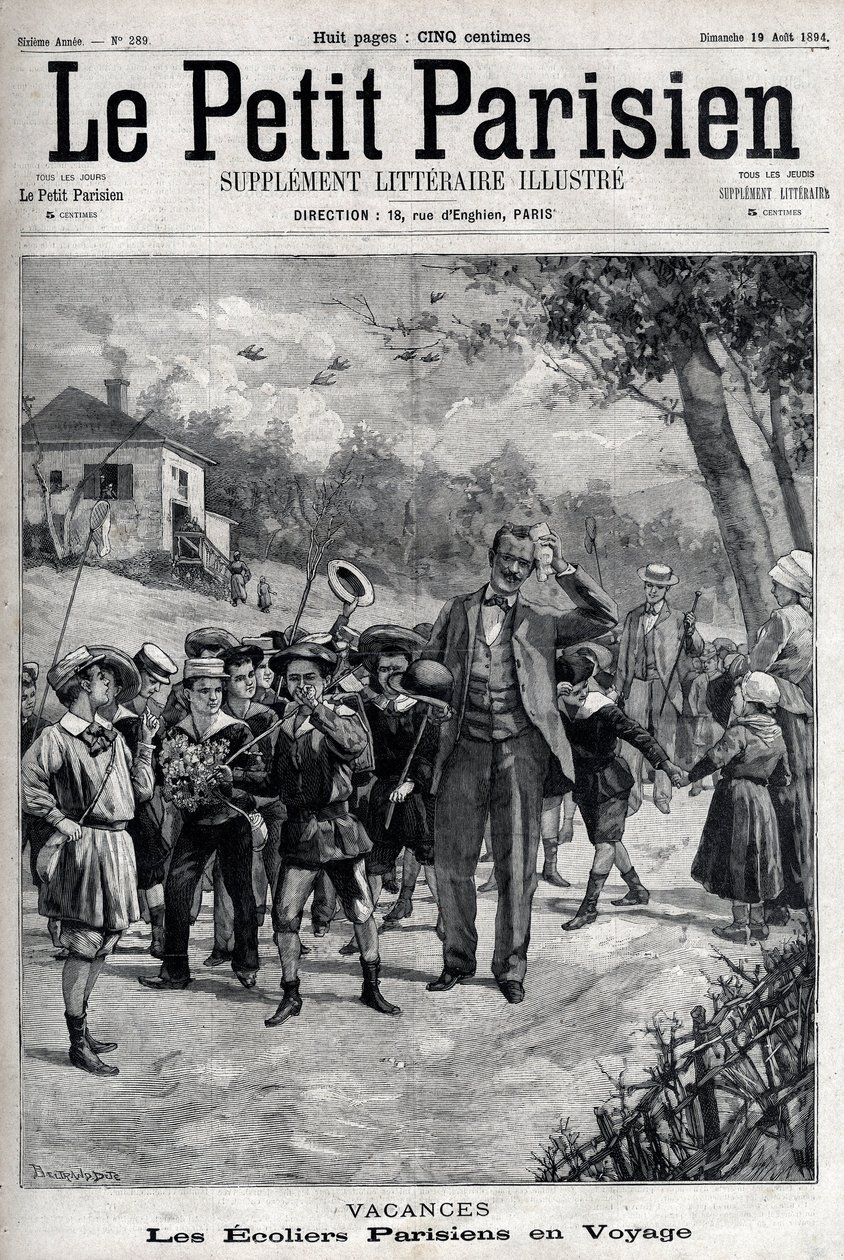 Pařížské školní prázdniny na výletě do přírody. Gravírování v „“Le Parisien““ od Unknown artist
