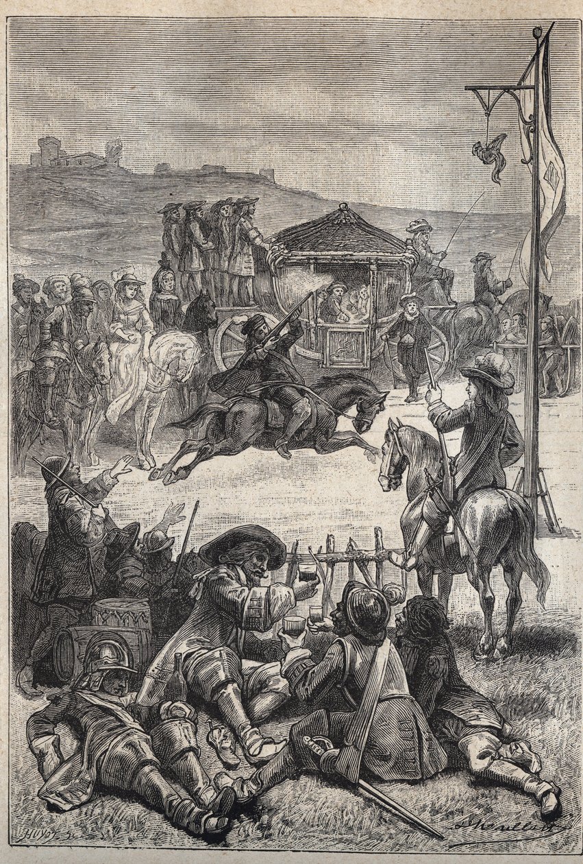 Střelba papoušků – ilustrace z 19. století k historickému románu „The Puritans of Scotland“ (Old Mortality) od Waltera Scotta (1771-1832) od Unknown artist