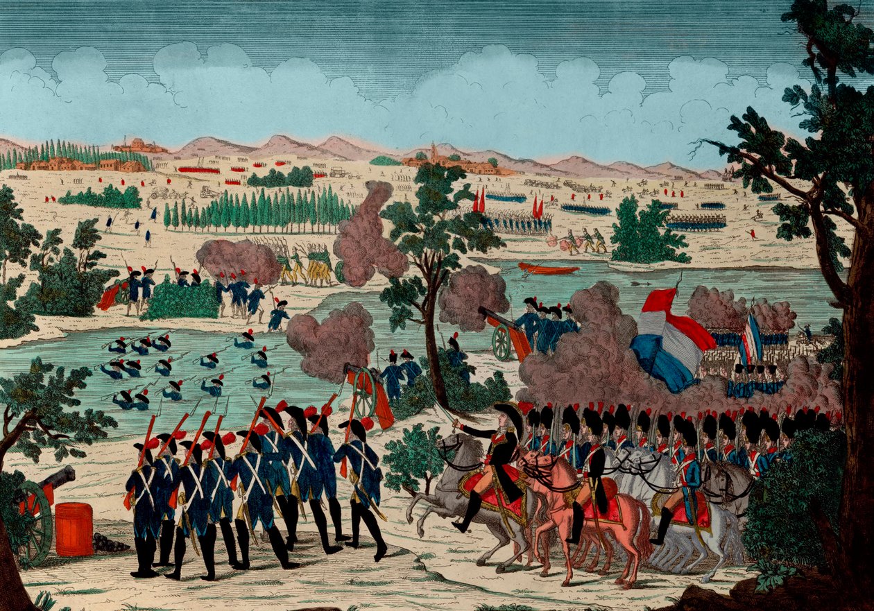 Průchod Mincio 11. prérijního roku IV (20. prosince 1800) francouzskými granátníky. Pod očima Bonaparte General en Chief - Rytina - 1800 - Bitva u Pozzola (také známá jako bitva u řeky Mincio a Monzambano) - Průchod o od Unknown artist