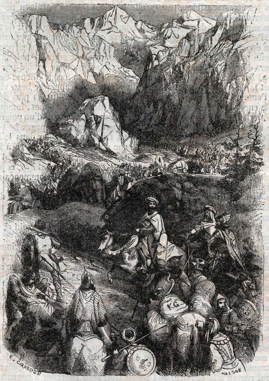 Průchod Pyrenejí Maury – rytina z roku 1851 z „“Zuřivého Rolanda““ (Orlando furioso) (16. století) od Ludovica Ariosta, známého jako Ariosta – vydání přeložené z italštiny hrabětem z Tressanu a vydané Gustavem Harvardem 1851 od Unknown artist