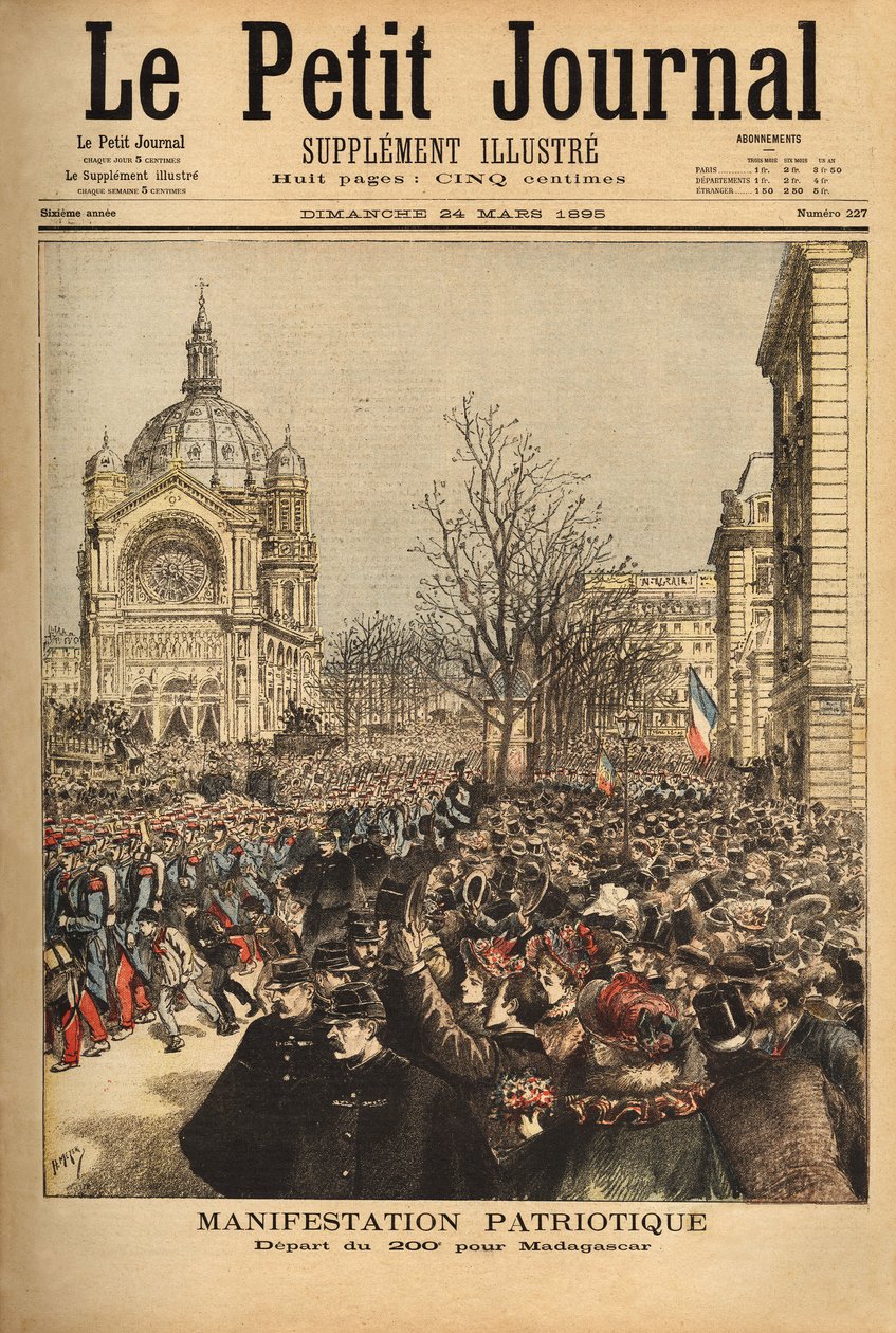 Vlastenecká demonstrace v Paříži na zahájení 200. pluku pro Madagaskar. Rytina v "" Le petit journal "" 24/03/1895. Selva sbírka. od Unknown artist