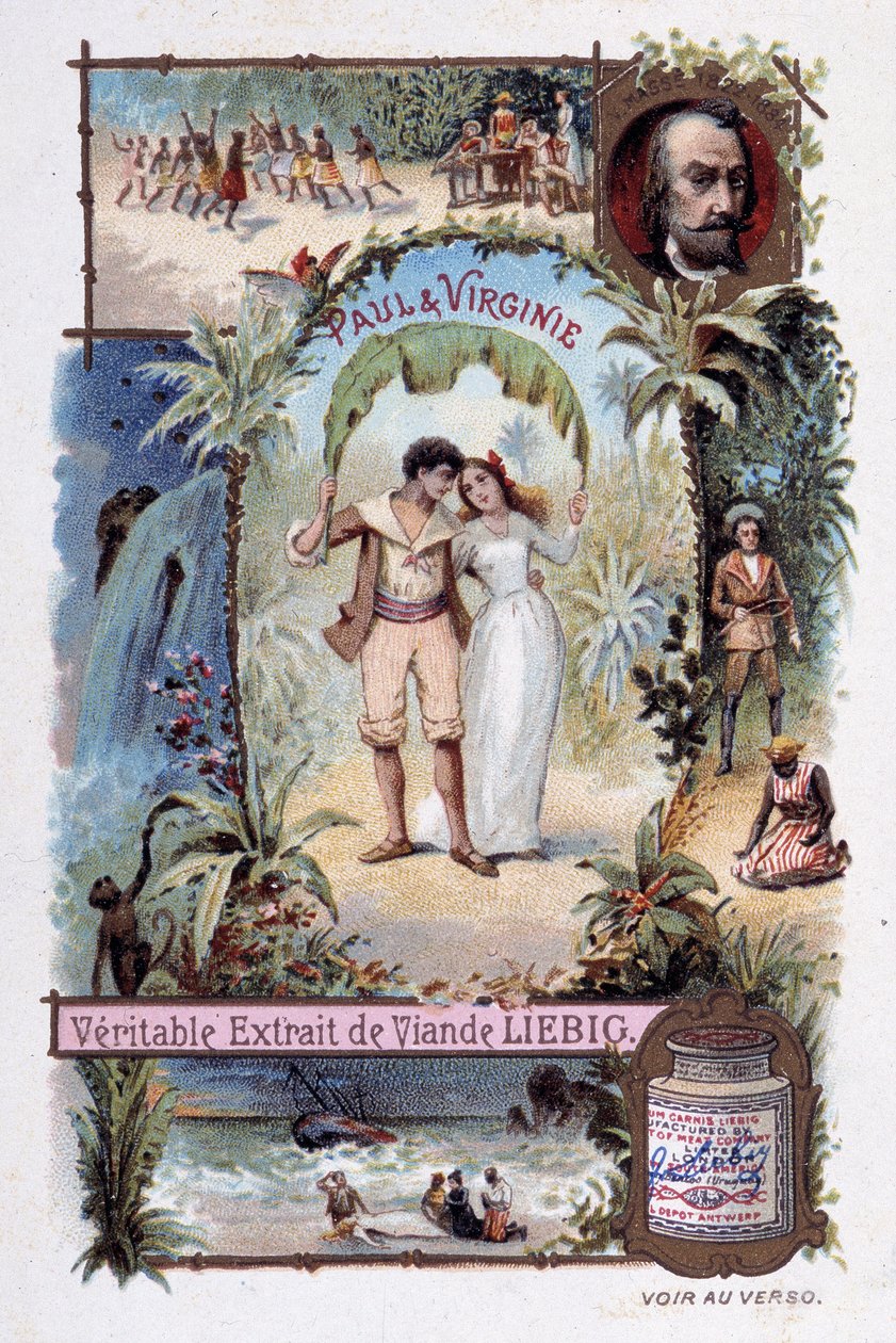 Paul a Virginie. Roman Henri Bernardin de Saint Pierre (Saint-Pierre nebo St-Pierre), francouzský spisovatel (1737-1814). Ilustrace V. Massé - Liébigova reklamní viněta od Unknown artist