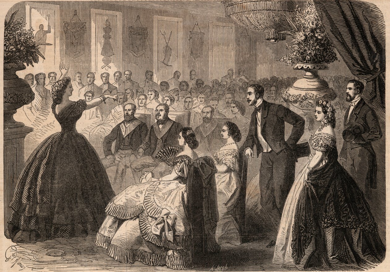 Pauline Viardot-Garcia (Viardot Garcia) (1821-1910), francouzská zpěvačka na charitativní slavnosti pořádané lóží Maconnique „La perseverante přátelství“ v Grand Orient v Paříži. Rytina v „“Le Monde illustrious““ z roku 1862. Soukromá sbírka. od Unknown artist