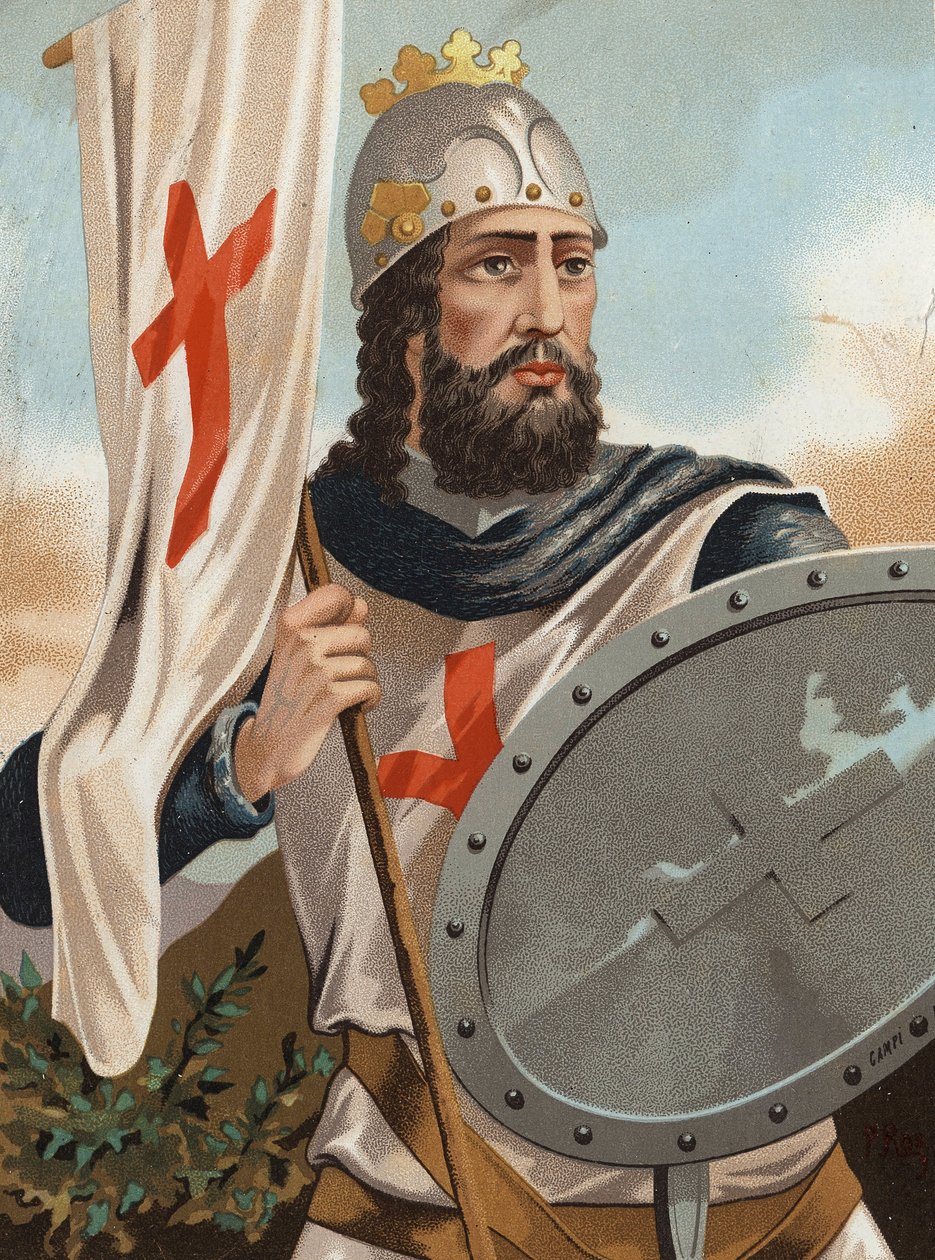 Pelagius z Asturie - Pelage the Conquerant - Portrét Pelayo krále Asturie a hlavy Vizigótů (? , 718 v Cangas, 737). po slavných mužích a ženách. Barcelona 1877. od Unknown artist