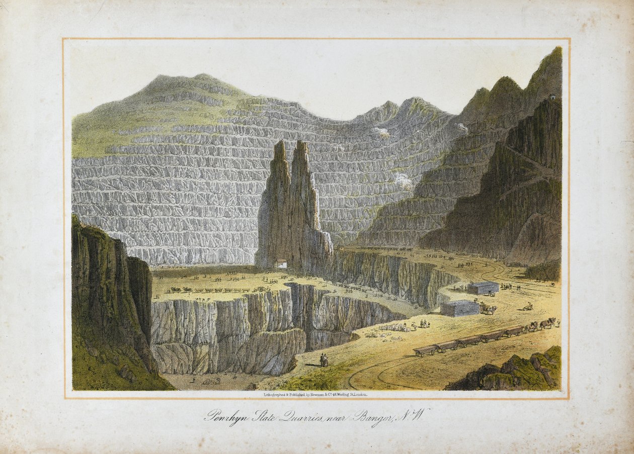 Břidlicové lomy Penrhyn, poblíž Bangoru, Severní Wales (ručně kolorovaná litografie na papíře) od Unknown artist