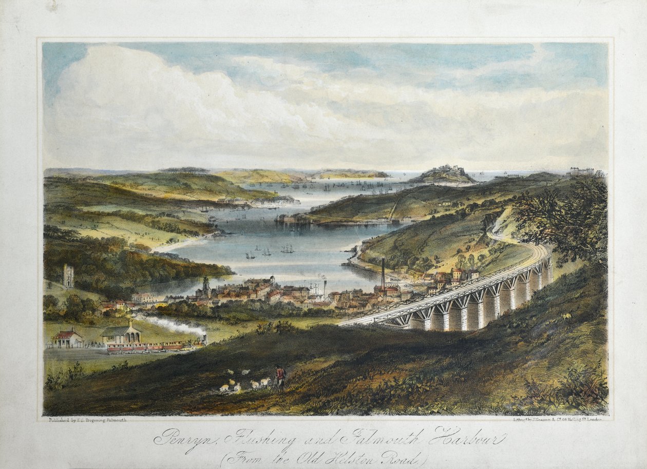 Přístavy Penryn, Flushing a Falmouth (od Old Helton Road), kolem 1860-80 (barevné lito na papíře) od Unknown artist