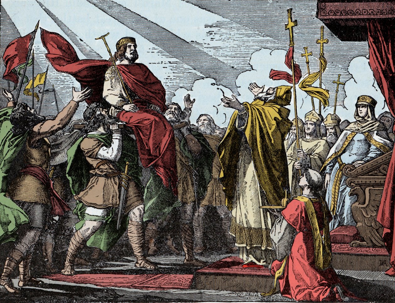 Pepin prohlášen za krále Franků – Sacre of Pepin the Brief (714-768), bazilika Saint Denis, 28. července 754: Papež Štěpán II ho vysvětil králem Franků a Patrice of Romanorum (Patricius Romanorum) od Unknown artist