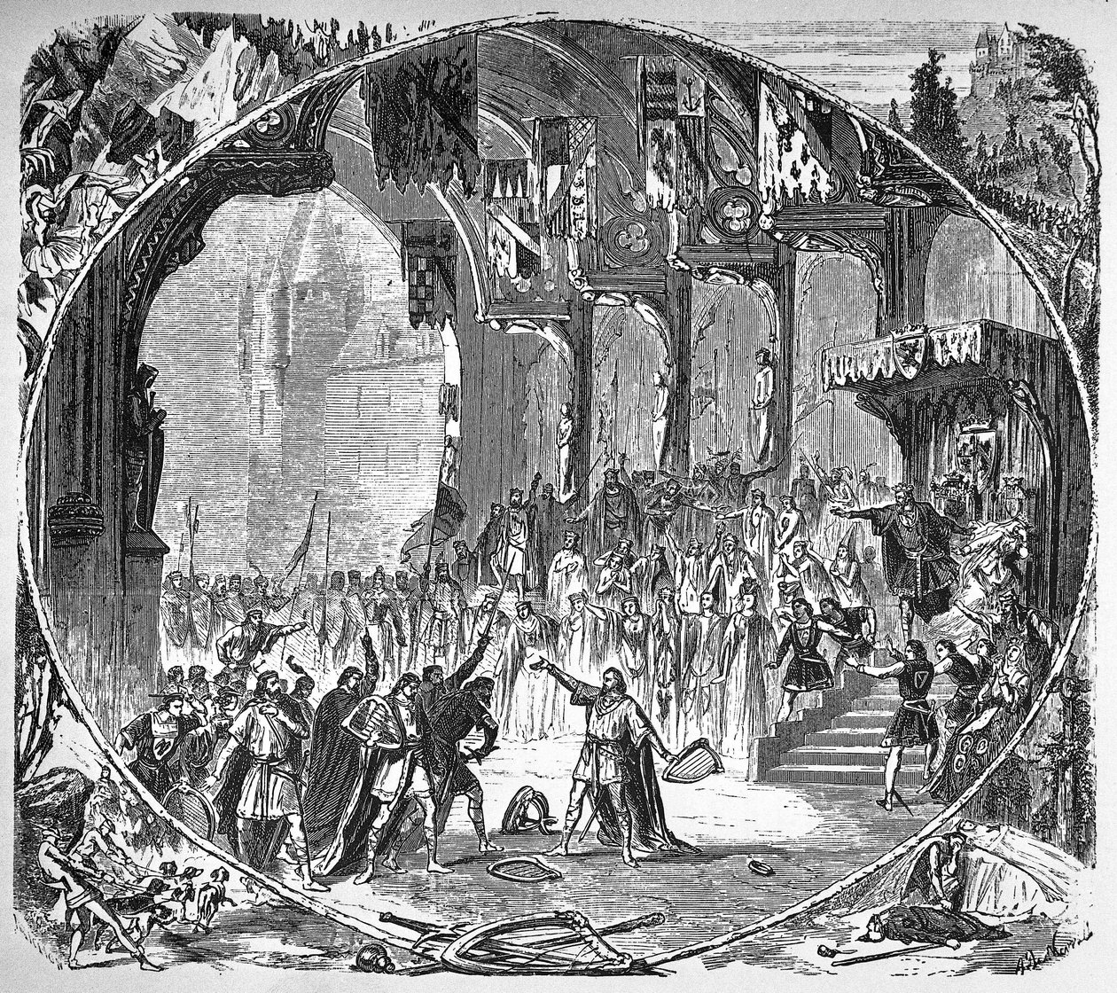Provedení „“Tannhauser”” od Richarda Wagnera v pařížské opeře v roce 1861. Závěrečná scéna druhého jednání. Alphonse kresba Neuville. od Unknown artist
