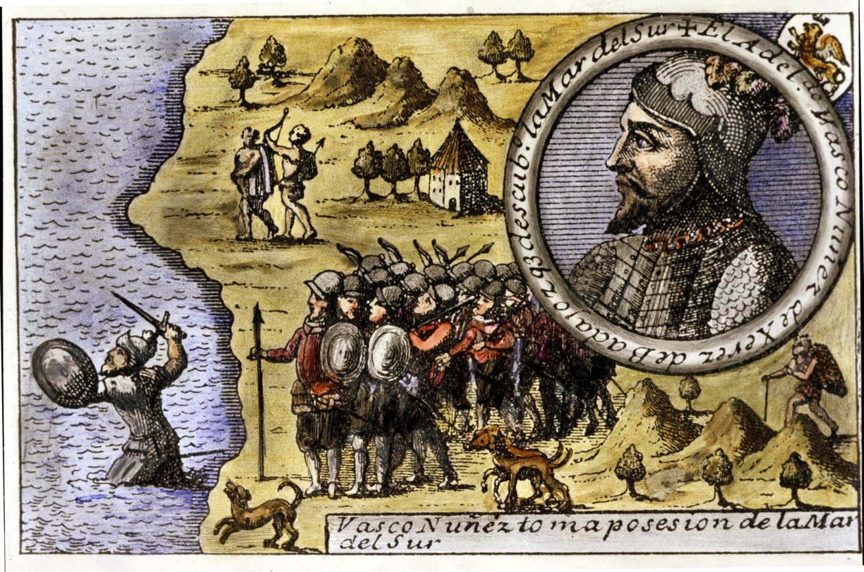 Představení Vasca Nuneze de Balboa (1475 - 1517), španělského mořeplavce, který jako jeden z prvních objevil Tichý oceán přeplavbou Darienského průlivu. Rytina od Unknown artist