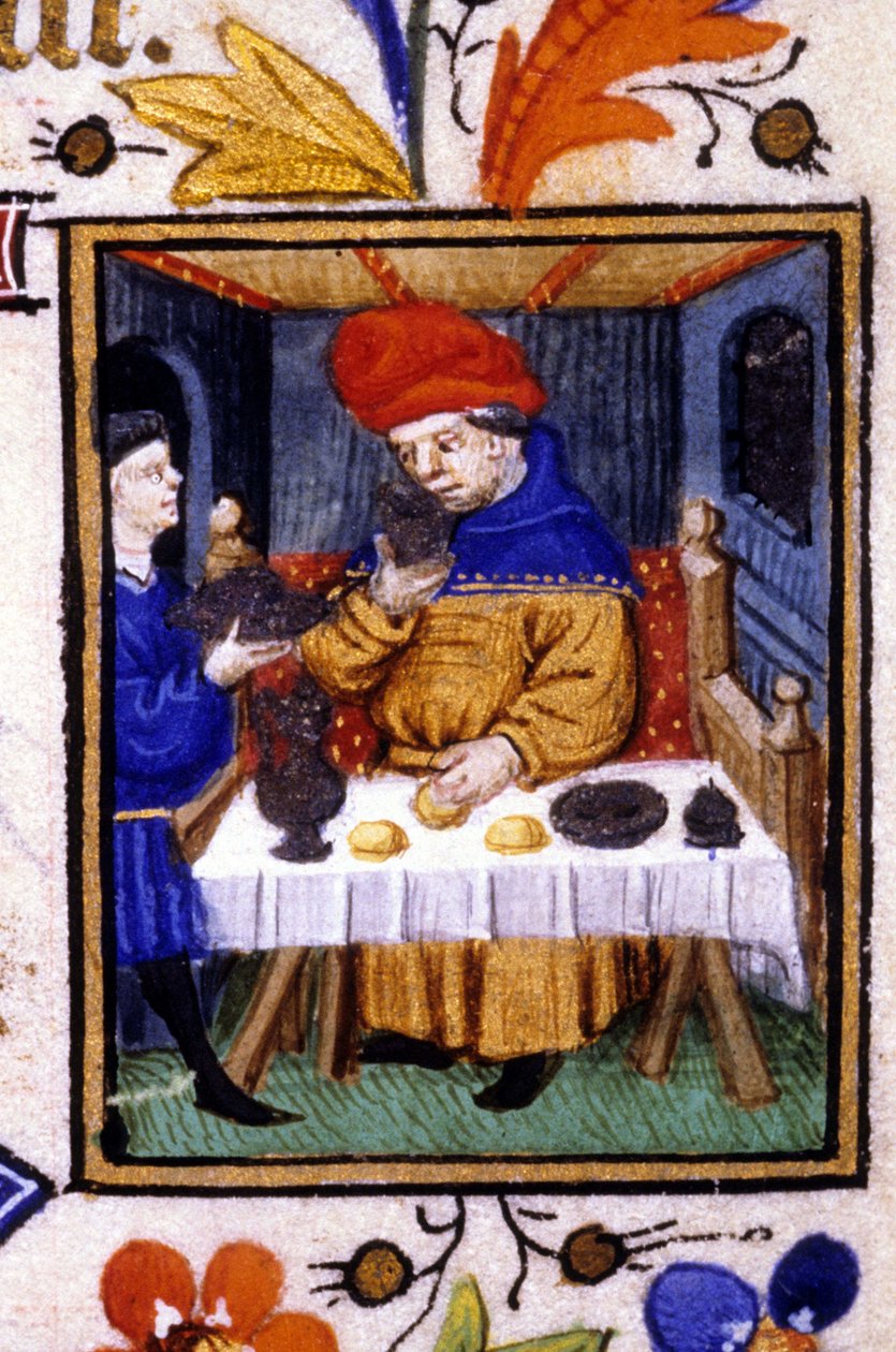 Výkon měsíce ledna. Sluha dává jídlo na stůl svého pána. Miniatura rukopisu ze 14. století. od Unknown artist