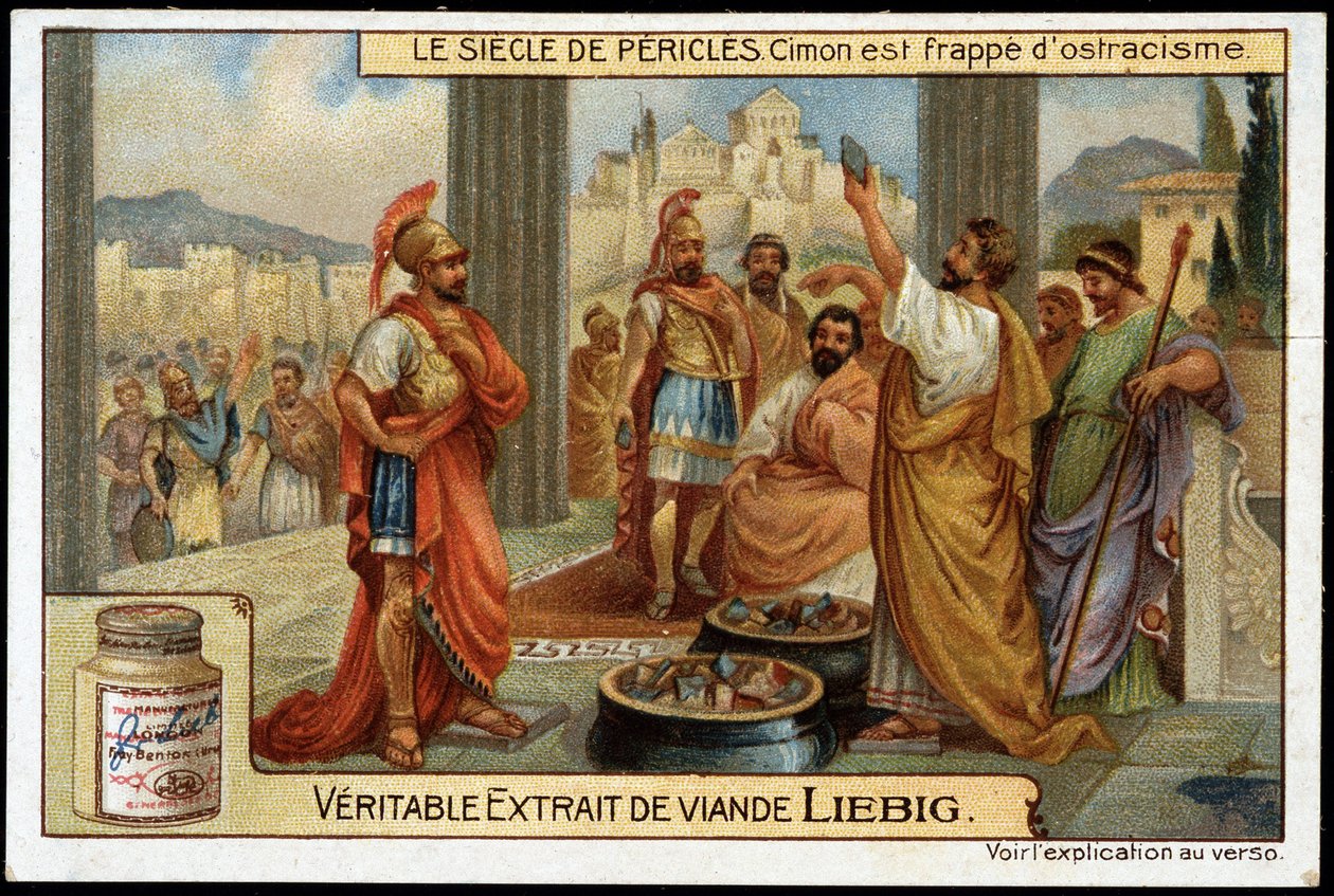 Perikles století (495-429 př.nl): státník a strategie Cimon (510-449 př.nl) je zasažen ostrakismem, v roce 461 př.nl - Liebigova chromolitografie od Unknown artist