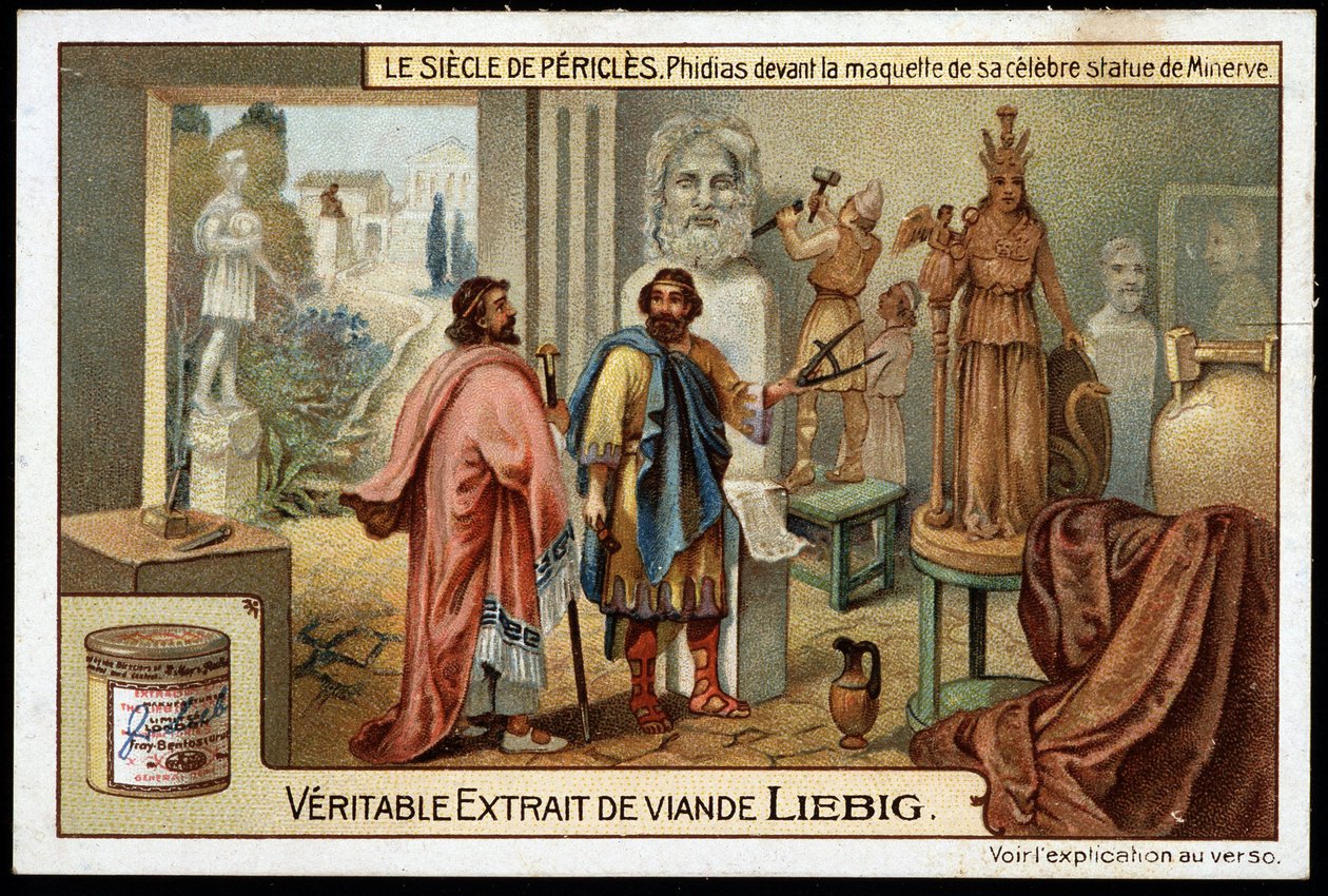Perikles století (495-429 př.nl): sochař Phidias (490-430 př.nl) před modelem své slavné sochy Minervy - Liebigova chromolitografie od Unknown artist