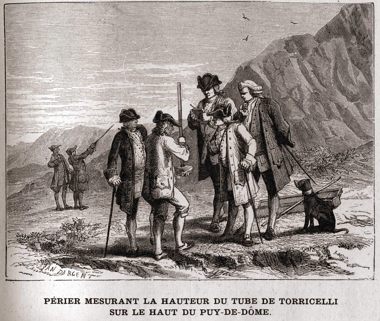Perier měřící výšku barometru (rtuťové trubice) od Evangelisty Torricelliho nebo Toricelliho na vrcholu Puy-de-Dôme dne 20. září 1618, rytina 19. století, sbírka Bianchetti. od Unknown artist