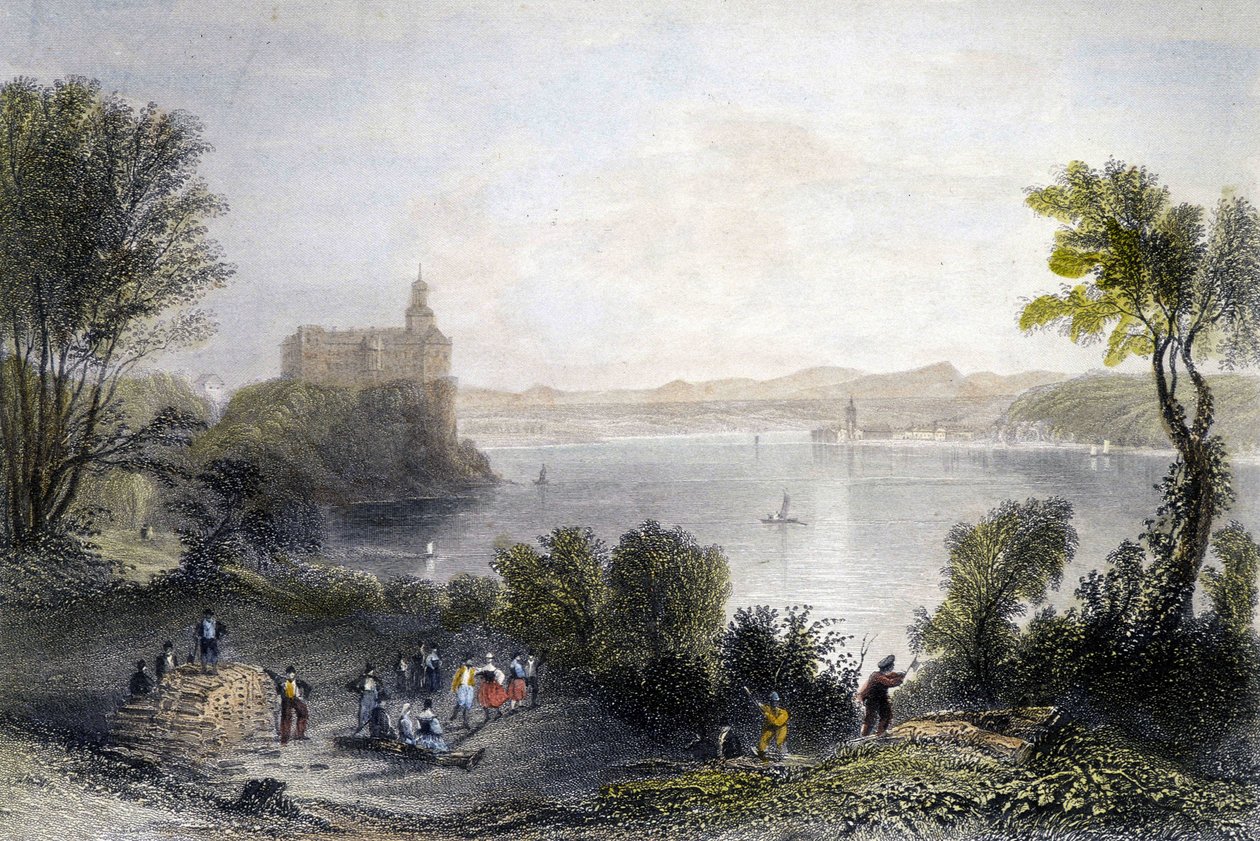 Zámek Persenberg v Německu. V popředí dělníci při práci. Rytina 19. století. od Unknown artist