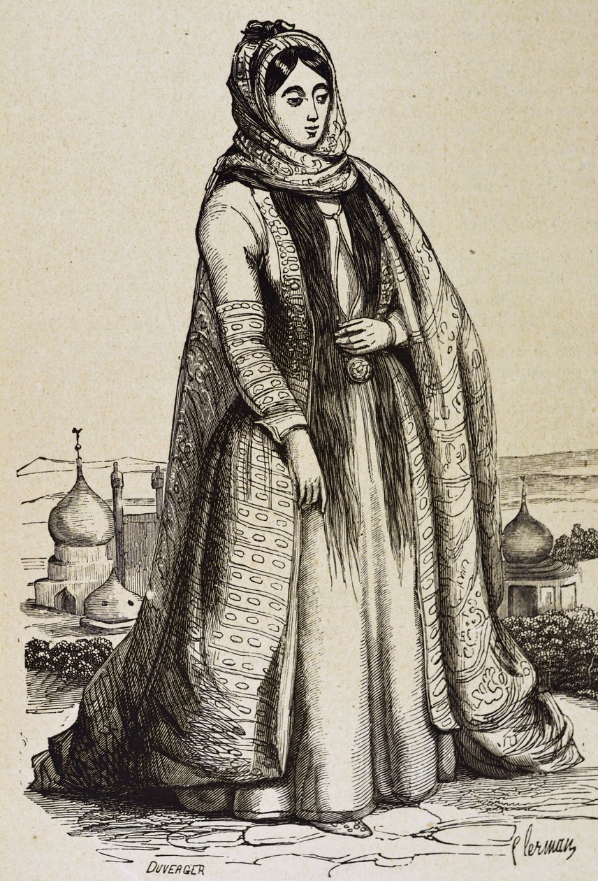 Persie (cca 19. století). Společnost. Perská žena. Rytina. Soukromá sbírka od Unknown artist
