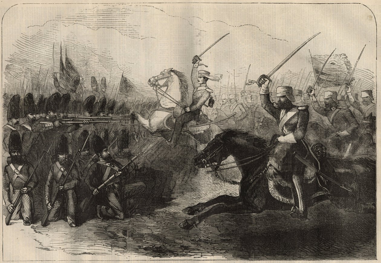 Perská Anglo (Anglo-Perská) válka (1856-1857): útok 3. britské indoské kavalérie pod velením kapitána Forbese během bitvy u Koosh-Ab (Koosh Ab, Kooshab) 8. února od Unknown artist
