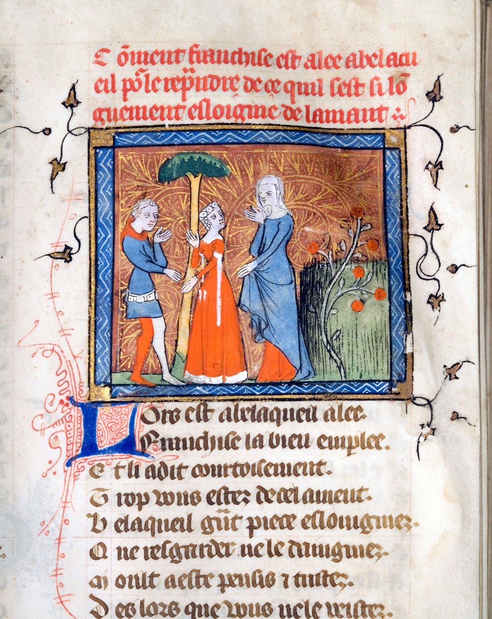 ""Postavy v konverzaci"" Iluminovaná stránka z rukopisu ""Le Roman de la Rose"" Guillaume de Lorris (kolem 1200-1238) a Jean de Meun (Meung) (1240-1305) kolem 1365 University of Chicago Library States Sjednocený od Unknown artist