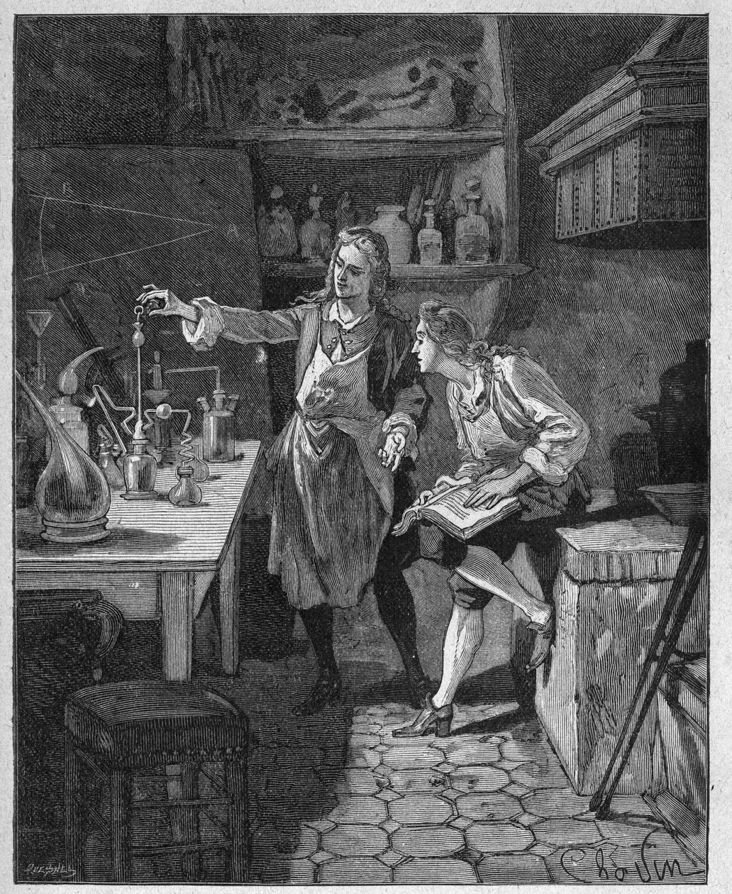 Philip II vévoda z Orleansu (1674-1723) dělal chemii s Humbertem. Rytina 19. století. V „Histoire de France“ od Julese Micheleta od Unknown artist