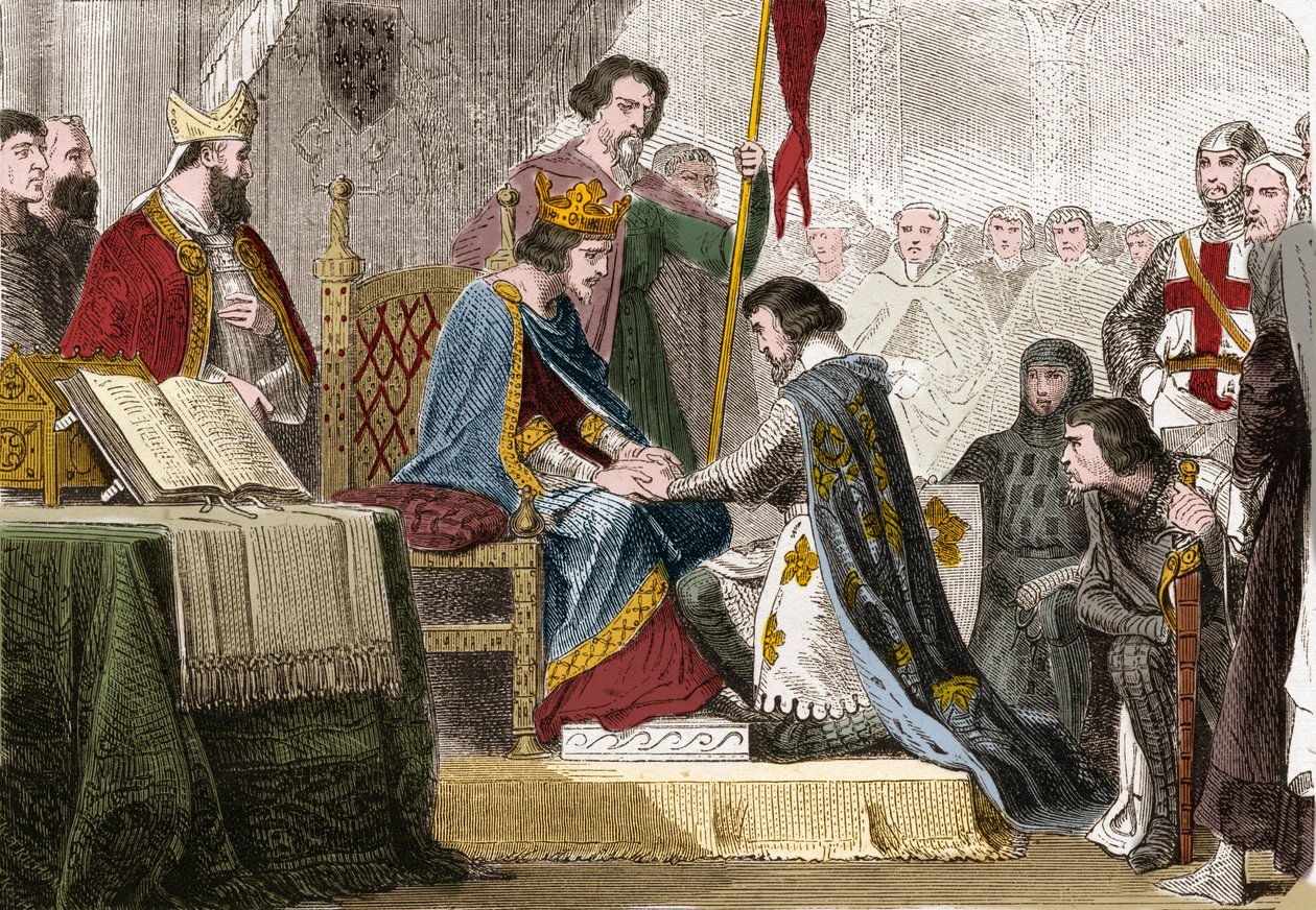 Filip IV. Bel (1268 - 1314), francouzský král dal svou dceru Isabelu Francouzskou (1295-1358) v roce 1308 za syna anglického krále Edwarda II. (1284-1327). Rytina v „“ Histoire De France En Cent Paintings od Paula Lehugeura „“ 1891. od Unknown artist