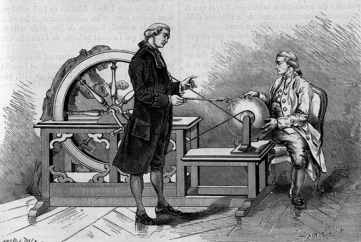 Fyzikální zkušenost v 18. století: záře vytvářená elektrickým strojem. (Od abbého Nolleta). Rytina v „“ La Nature: revue des sciences et de leurs applications aux arts et a l