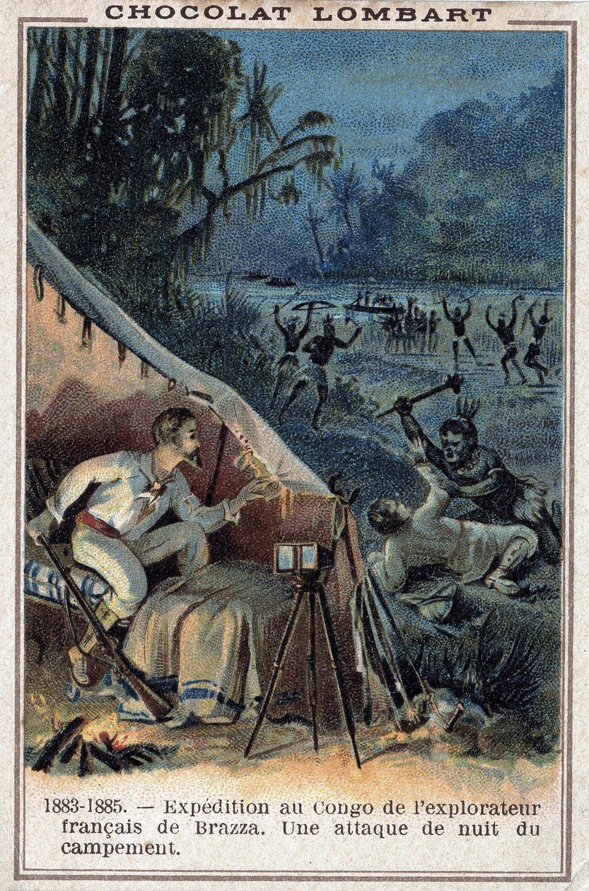 Pierre Savorgnan de Brazza (1852-1905), francouzský cestovatel, na březích Konga. Noční útok na tábor. od Unknown artist
