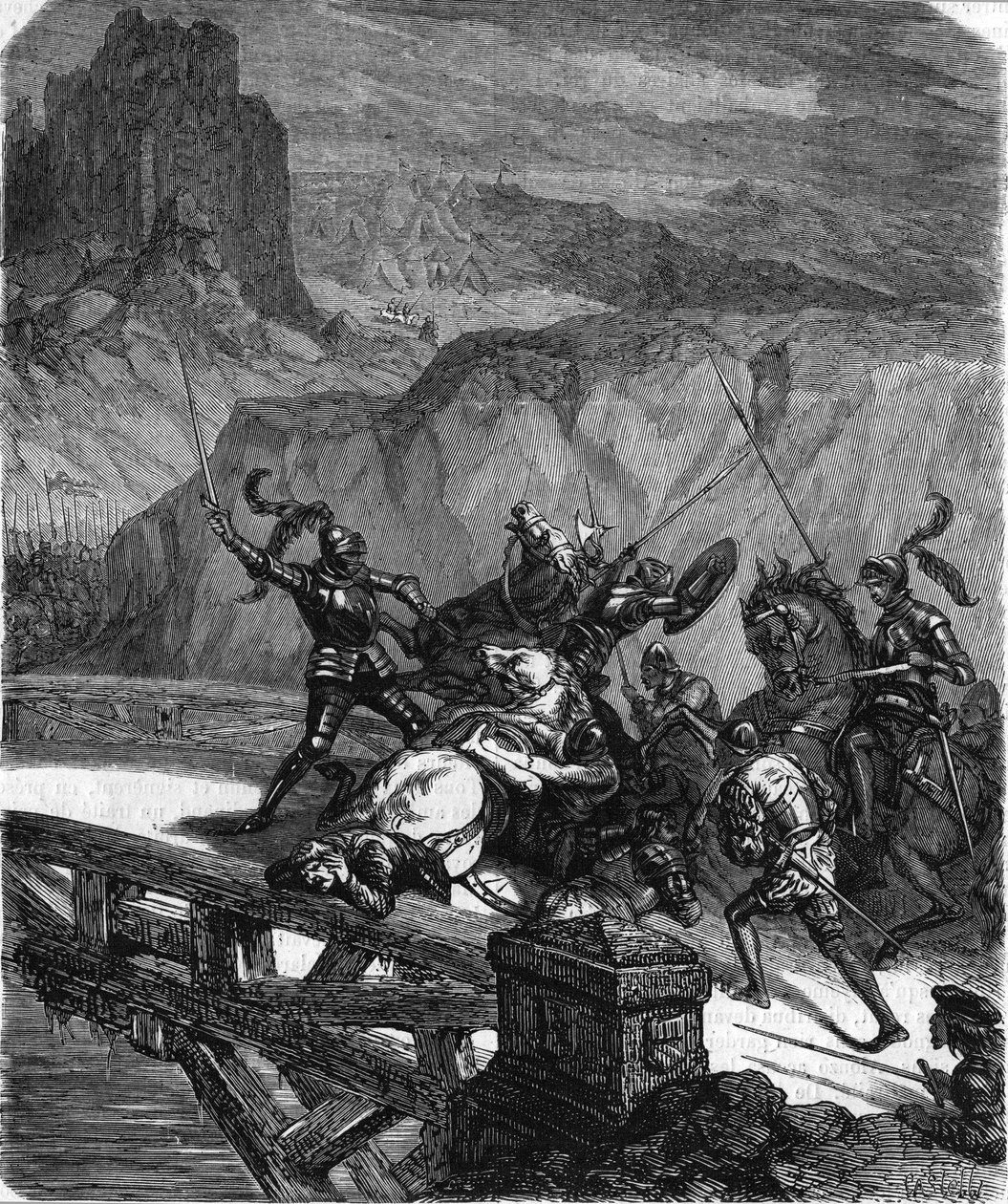Pierre Terrail, pán Bayardu, bránící most Garigliano (Itálie) v roce 1503. Rytina z 19. století. od Unknown artist