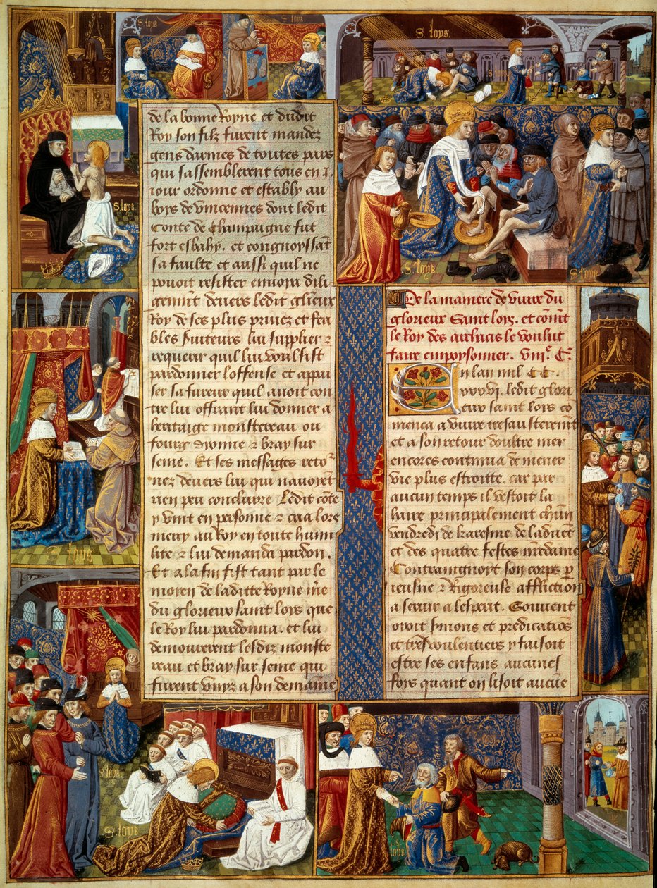 Pietní scéna: „“ Král Ludvík IX. (1214-1270) (Svatý Ludvík) umývá nohy chudým, král se modlí a výjevy z křesťanské lásky od krále““ Miniatura z rukopisu „“ Kniha faktů Monsignora sv. Louis““ 15. století. Paříž, B.N od Unknown artist
