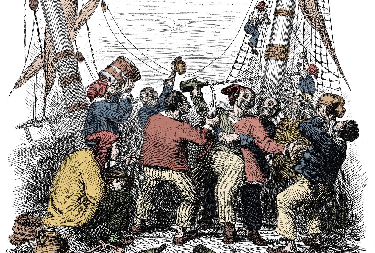 Piráti oslavující ukořistění bohaté kořisti po útoku nepřátelské lodi. Rytina 19. století od Unknown artist