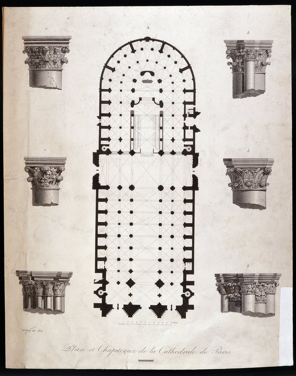 Plán a hlavní města katedrály Notre Dame (Notre-Dame) v Paříži. 19. století. od Unknown artist
