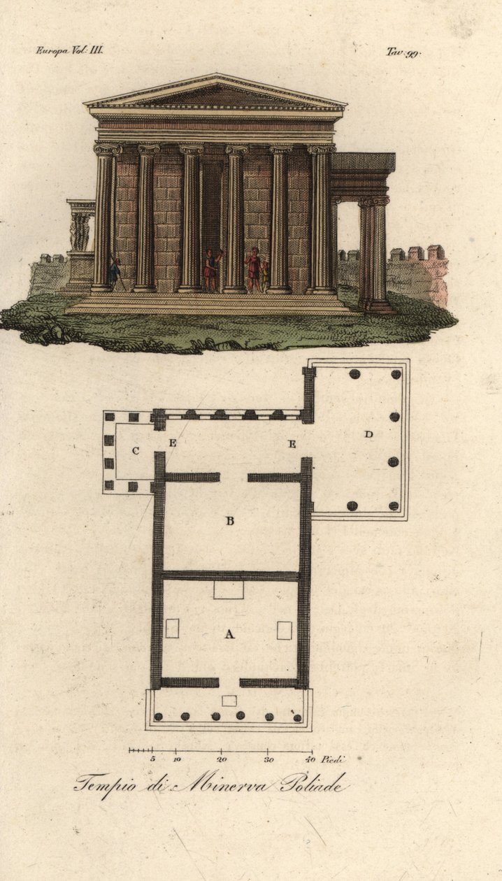 Půdorys a výška Erechtheion nebo Erechtheum A, Chrám Neptuna B, Chrám Minervy Polias s verandou Caryatids C a Chrám Pandrosus nebo Pandrosion D od Unknown artist
