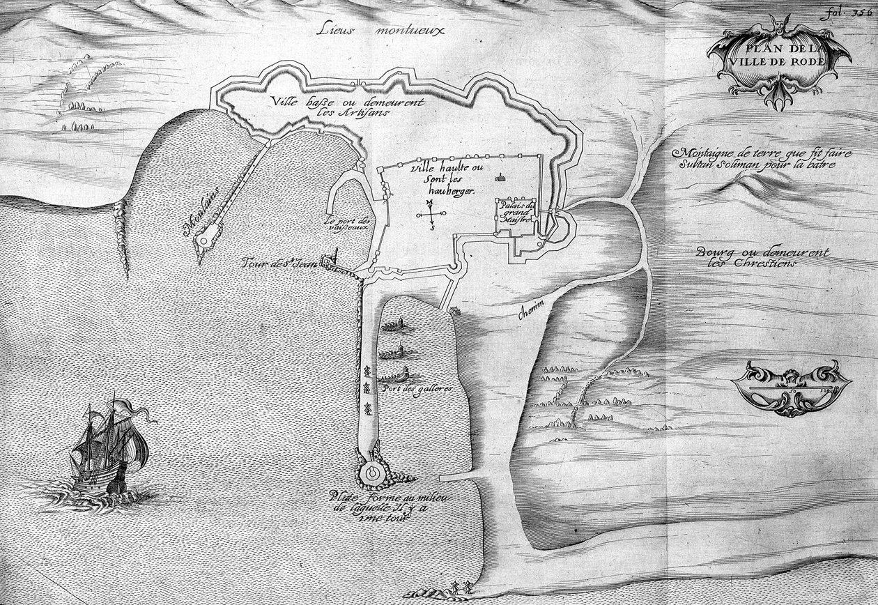 Plán Rhodosu (Rodos) - v „“ Voyage de levant uskutečněné velením krále v roce 1621“, editováno v roce 1629 (za vlády Ludvíka XIII Le Juste) od Unknown artist